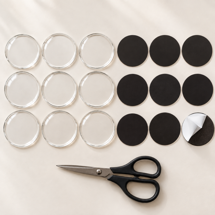 Neuf disques d'acrylique transparent et neuf aimants noirs ronds alignés à plat, avec une paire de ciseaux 10