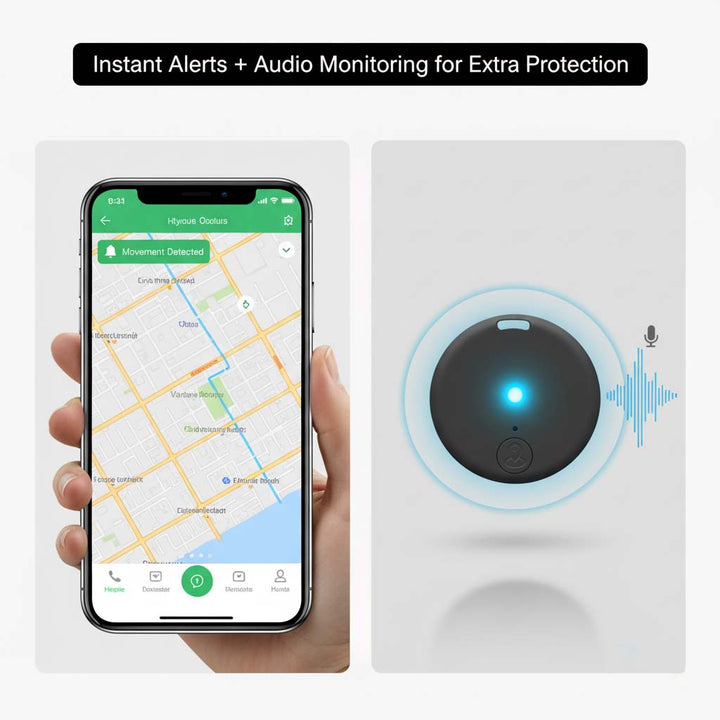 Smartphone tenu en main avec une alerte de mouvement sur une carte, face à un traceur noir au voyant bleu émettant des ondes sonores. 5