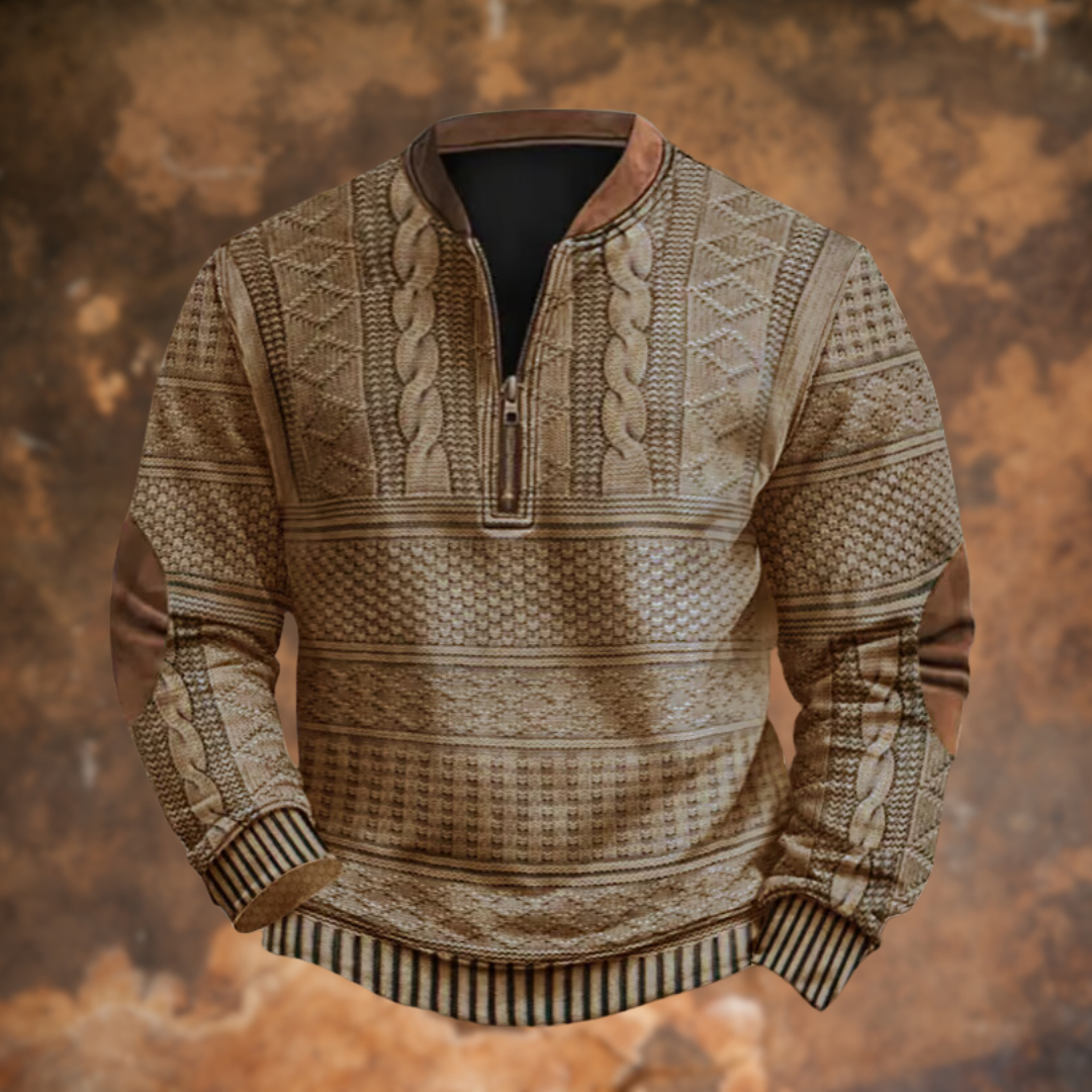 Version beige sable du pull à motifs tricotés, demi-zip, coudières et col marron, vue de face. 3