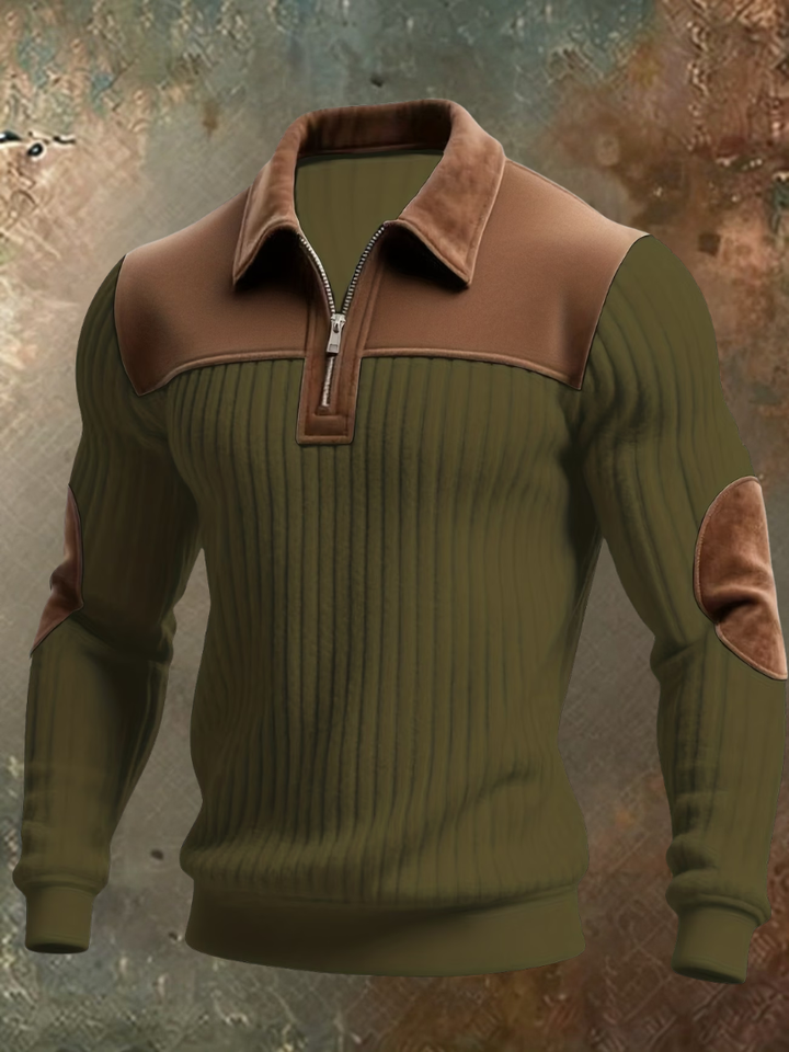 Pull côtelé vert kaki à col zippé, avec empiècements marron aspect daim sur les épaules, le col et les coudes. 4