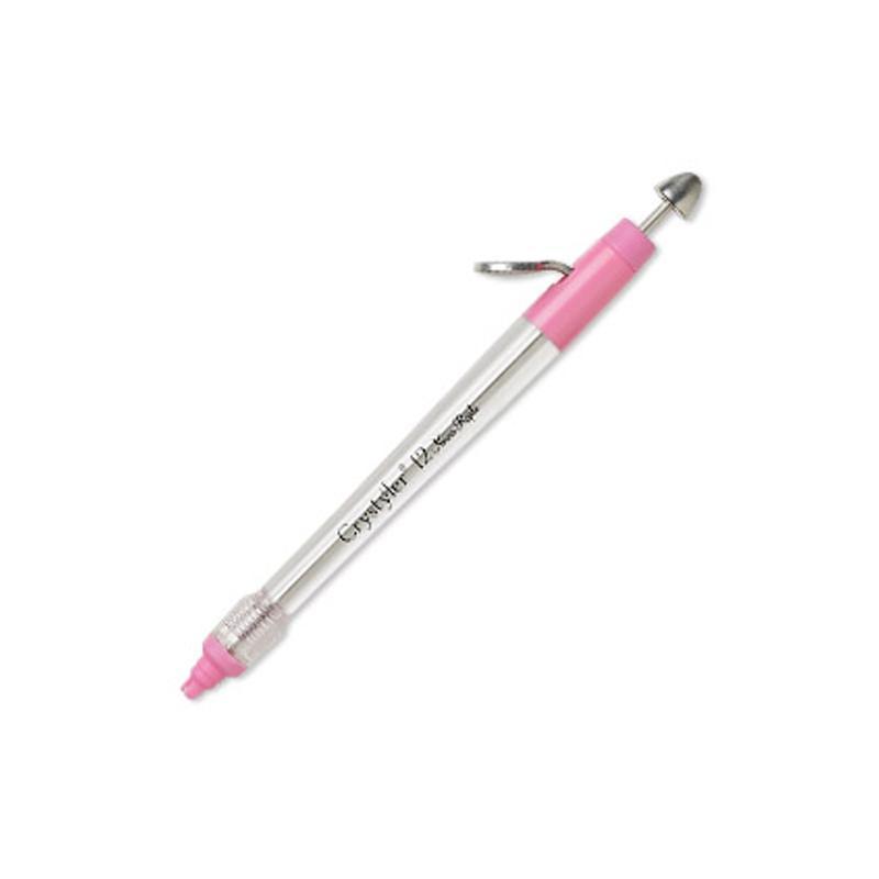 Stylo applicateur rose et transparent avec embout en dôme métallique, photographié seul sur fond blanc 11