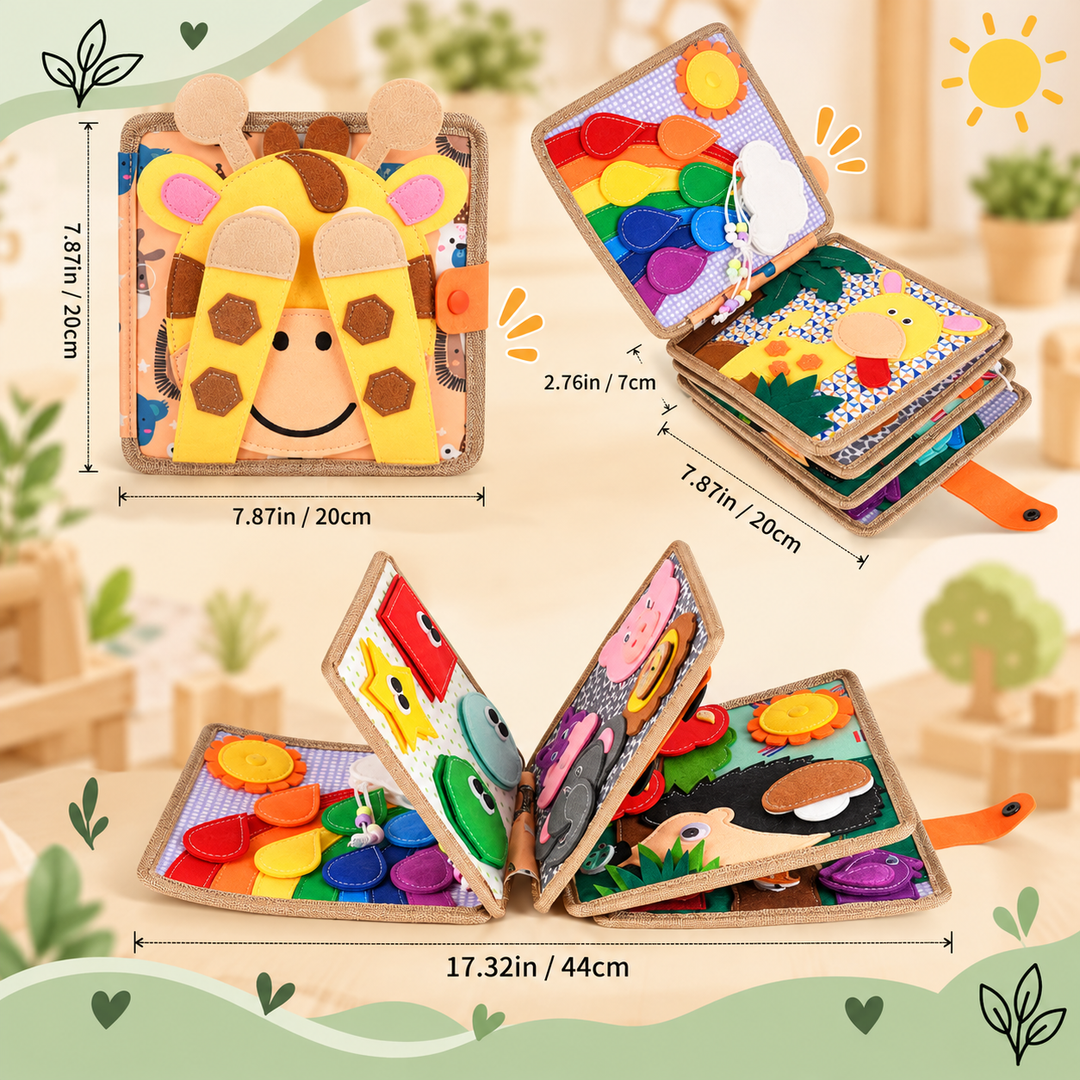 Livre girafe vu de face, ouvert et déplié, avec ses dimensions indiquées en centimètres et en pouces 11
