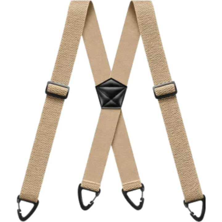 Bretelles beige sable en X avec curseurs réglables et quatre pinces noires 9