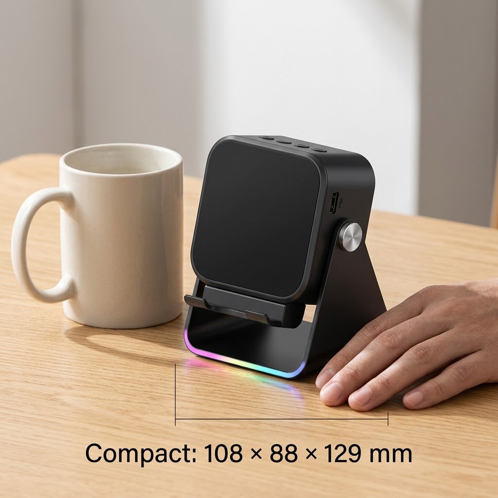 Support noir vu de dos, bande lumineuse colorée à la base, posé sur une table près d'une tasse 2