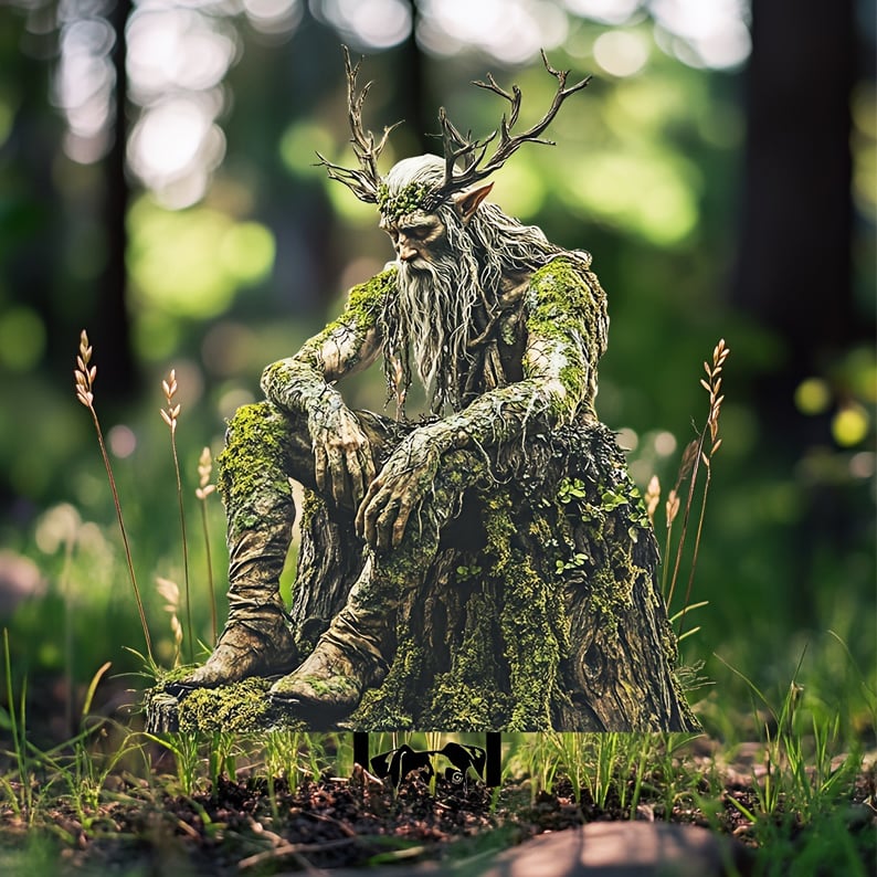 Tuteur représentant un esprit des bois barbu aux bois de cerf, assis sur une souche moussue, planté dans la terre en forêt. 1