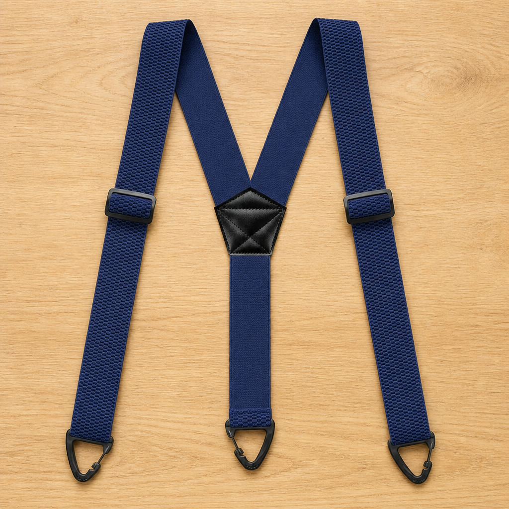 Bretelles bleu marine en Y à l'élastique texturé, pièce centrale noire et trois crochets triangulaires noirs. 11