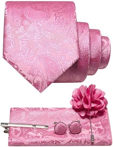 Ensemble à motif cachemire rose vif : cravate roulée, pochette, boutons de manchette, pince à cravate et broche de revers fleurie. 26