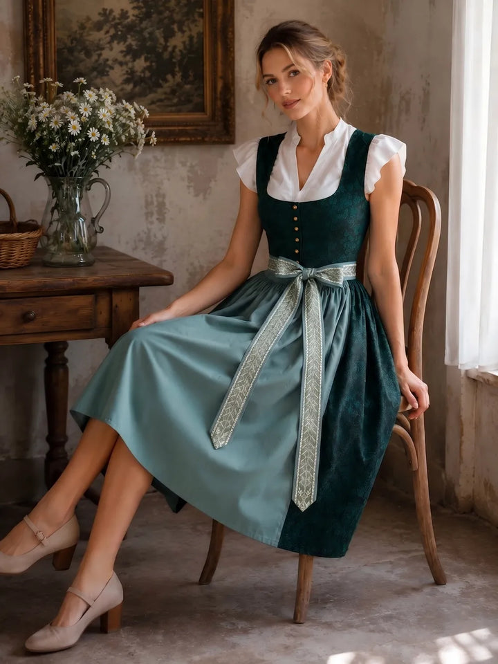 Femme assise sur une chaise en bois dans un intérieur rustique, la robe portée avec un chemisier blanc et des escarpins beiges. 3