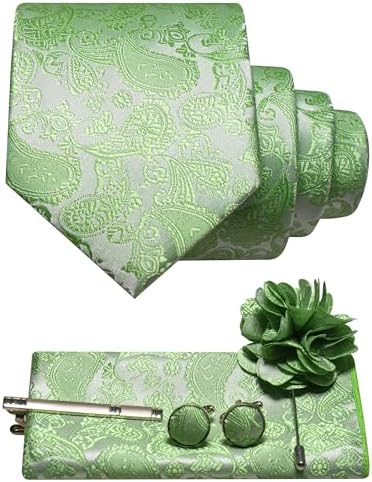 Ensemble à motif cachemire vert clair : cravate, pochette, boutons de manchette, pince à cravate et broche de revers en forme de fleur. 22