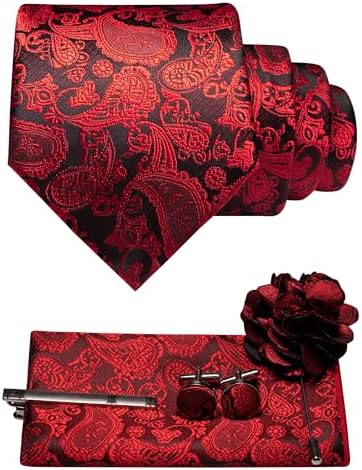 Ensemble cachemire rouge sur fond noir : cravate, pochette, boutons de manchette, pince à cravate et broche fleur sombre. 8