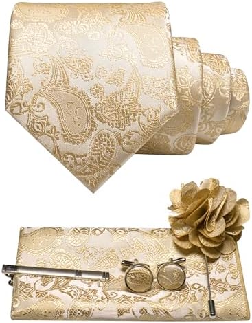 Ensemble cachemire champagne doré clair : cravate roulée, pochette, boutons de manchette, pince à cravate et broche fleur. 2