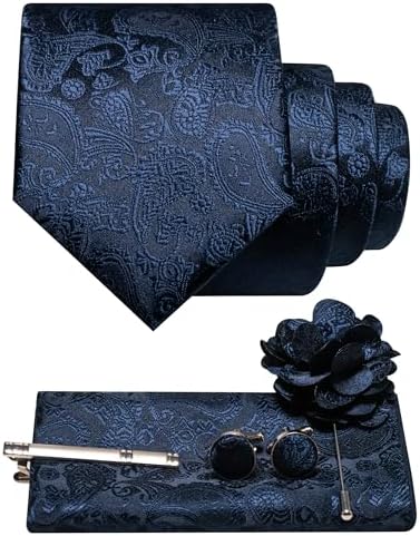 Ensemble cachemire bleu marine : cravate, pochette, boutons de manchette, pince à cravate et broche fleur assortis. 6