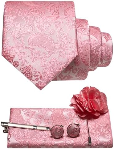 Ensemble à motif cachemire rose saumon : cravate, pochette pliée, boutons de manchette, pince à cravate et broche fleur. 29