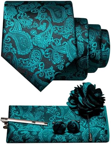 Ensemble à motif cachemire turquoise sur fond sombre : cravate, pochette, boutons de manchette, pince à cravate et broche fleur. 25
