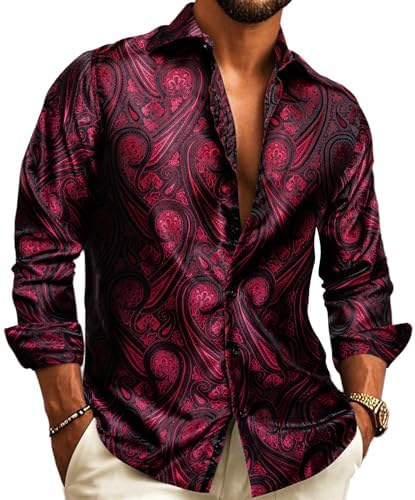 Chemise jacquard à grand motif cachemire rouge sur fond noir, portée col ouvert avec un pantalon clair. 2
