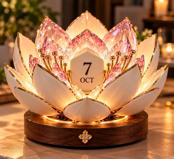 Gros plan de face sur la fleur ouverte, pétales de cristal roses et étamines dorées autour de la date 5