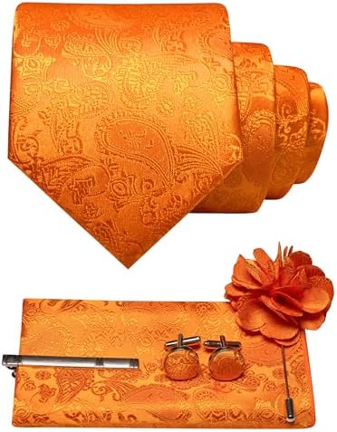 Ensemble cachemire orange vif : cravate, pochette, boutons de manchette, pince à cravate et broche fleur présentés ensemble. 7