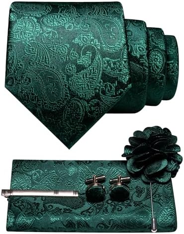 Ensemble cachemire vert émeraude foncé : cravate, pochette, boutons de manchette, pince à cravate et broche fleur disposés à plat. 4