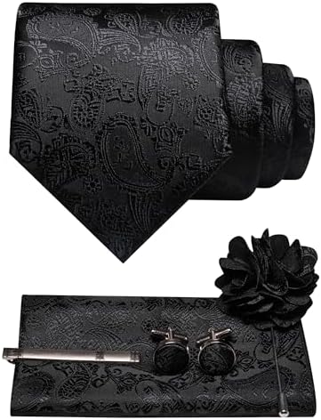 Ensemble cachemire noir ton sur ton : cravate, pochette, boutons de manchette, pince à cravate et broche fleur noire. 9
