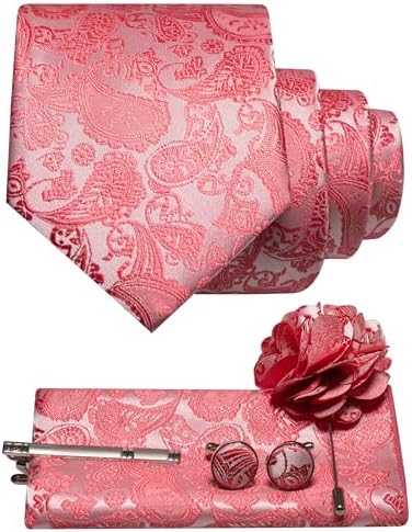 Ensemble cachemire rose corail : cravate, pochette pliée, boutons de manchette, pince à cravate et broche fleur assortie. 3