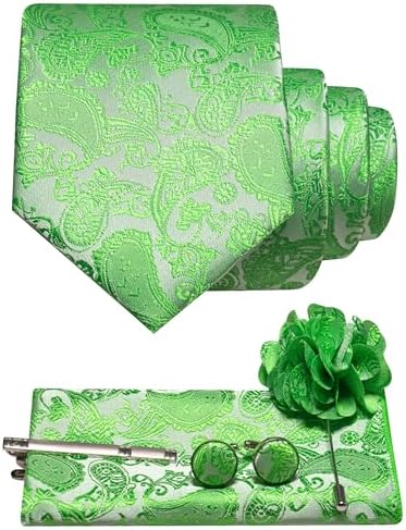 Ensemble cachemire vert pomme lumineux : cravate, pochette, boutons de manchette, pince à cravate et broche fleur assortis. 17