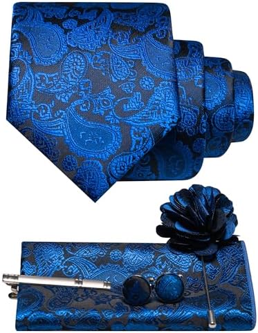 Ensemble cachemire bleu électrique sur fond noir : cravate, pochette, boutons de manchette, pince à cravate et broche fleur. 14