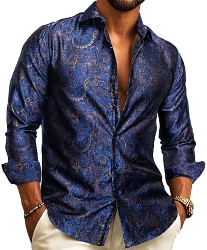 Chemise jacquard bleu marine à motif cachemire bleu et doré, portée col ouvert par un modèle. 4