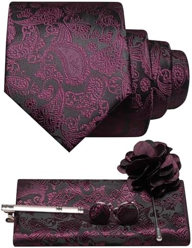 Ensemble à motif cachemire bordeaux sur fond noir : cravate, pochette, boutons de manchette, pince à cravate et broche fleur. 27