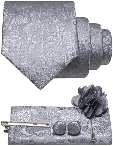 Ensemble à motif cachemire gris acier : cravate, pochette, boutons de manchette, pince à cravate et broche fleur assortie. 32