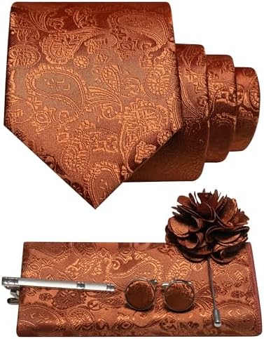 Ensemble cachemire rouille cuivré : cravate, pochette, boutons de manchette, pince à cravate et broche fleur dans les mêmes tons. 15