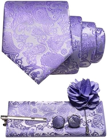 Ensemble à motif cachemire lavande : cravate roulée, pochette pliée, boutons de manchette, pince à cravate et broche fleur. 21