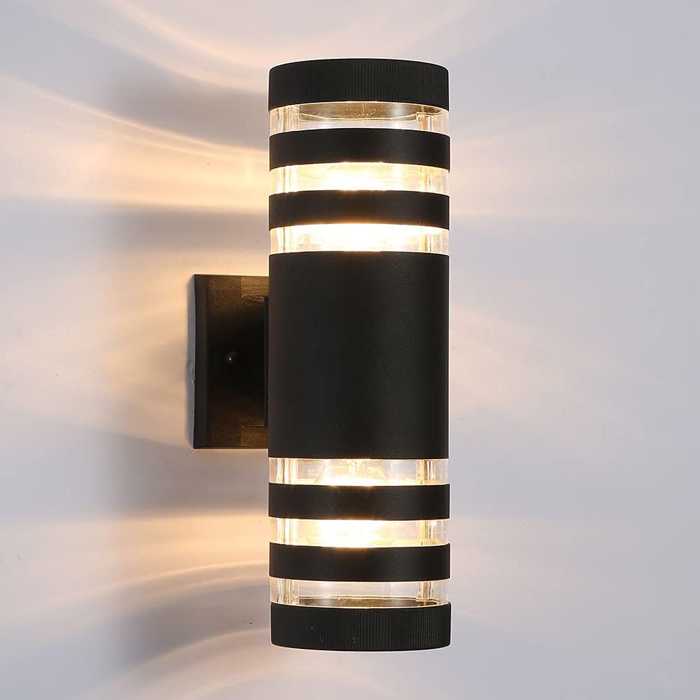 Applique cylindrique noire à triple bande translucide, vue de face avec sa platine murale carrée et lumière chaude 19