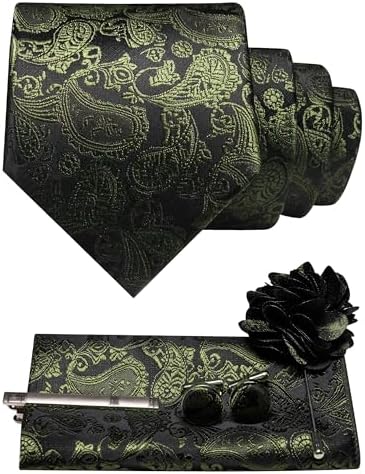 Ensemble à motif cachemire vert olive sur fond noir : cravate, pochette, boutons de manchette, pince à cravate et broche fleur. 24