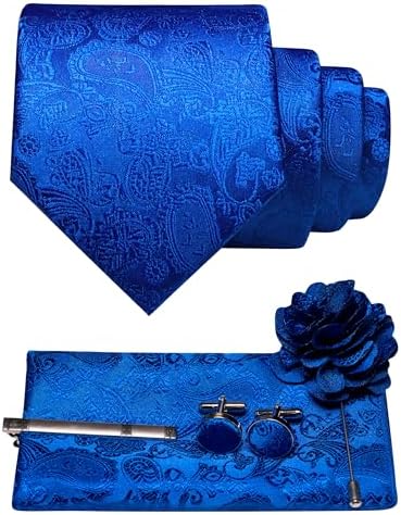 Ensemble cachemire bleu roi : cravate, pochette, boutons de manchette, pince à cravate et broche fleur de la même teinte. 10