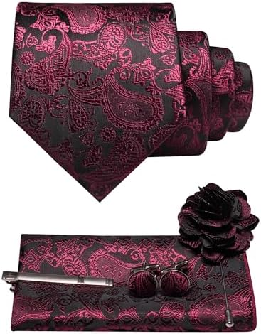 Ensemble à motif cachemire rouge framboise sur fond noir : cravate, pochette, boutons de manchette, pince et broche fleur. 35