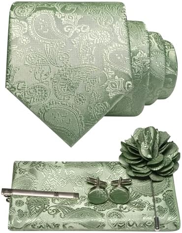 Ensemble à motif cachemire vert sauge : cravate, pochette, boutons de manchette, pince à cravate et broche de revers en fleur. 30
