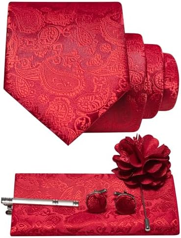 Ensemble cachemire rouge vif : cravate roulée, pochette, boutons de manchette, pince à cravate et broche fleur assortie. 13