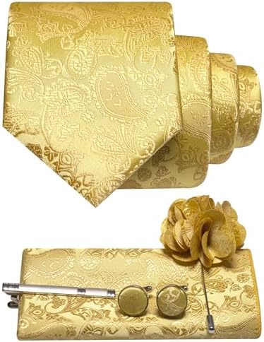 Ensemble cachemire jaune doré : cravate roulée, pochette, boutons de manchette, pince à cravate et épingle fleur de revers. 5