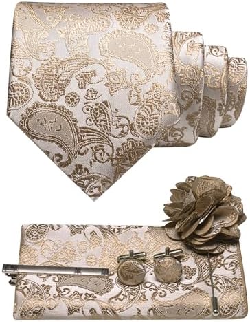 Ensemble cachemire beige doré : cravate, pochette, boutons de manchette, pince à cravate et broche fleur dans des tons sable. 20