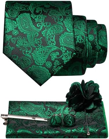 Ensemble cachemire vert sur fond noir : cravate, pochette, boutons de manchette, pince à cravate et broche fleur sombre. 18