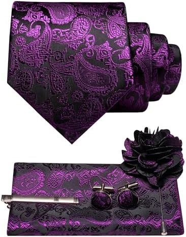 Ensemble à motif cachemire violet sur fond noir : cravate, pochette, boutons de manchette, pince à cravate et broche fleur. 28