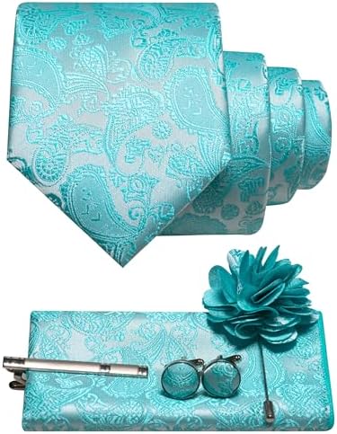 Ensemble à motif cachemire bleu turquoise clair : cravate, pochette, boutons de manchette, pince à cravate et broche fleur. 34
