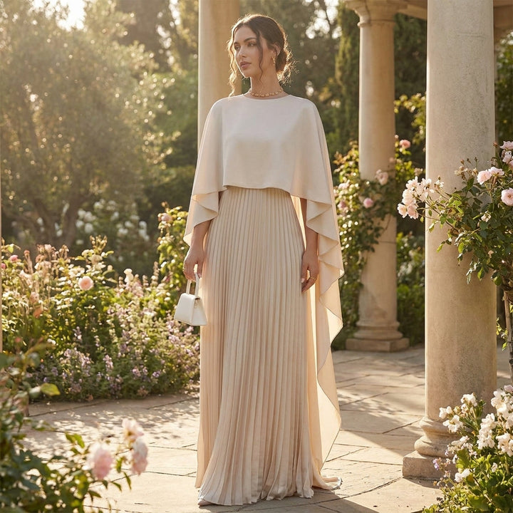 Mannequin portant la robe beige dans un jardin fleuri entre des colonnes de pierre 5