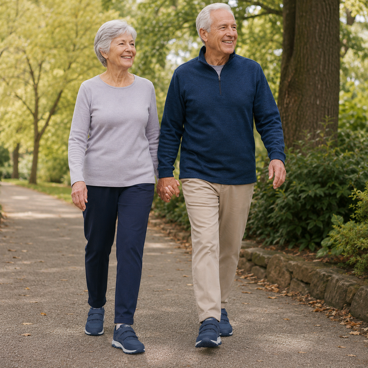 Couple de seniors souriants qui marchent main dans la main dans un parc, chaussés de baskets bleues 6