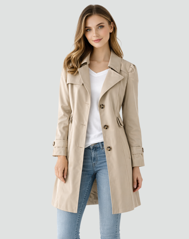 Vue de face du trench beige porté par une femme avec un t-shirt blanc et un jean bleu clair. 2