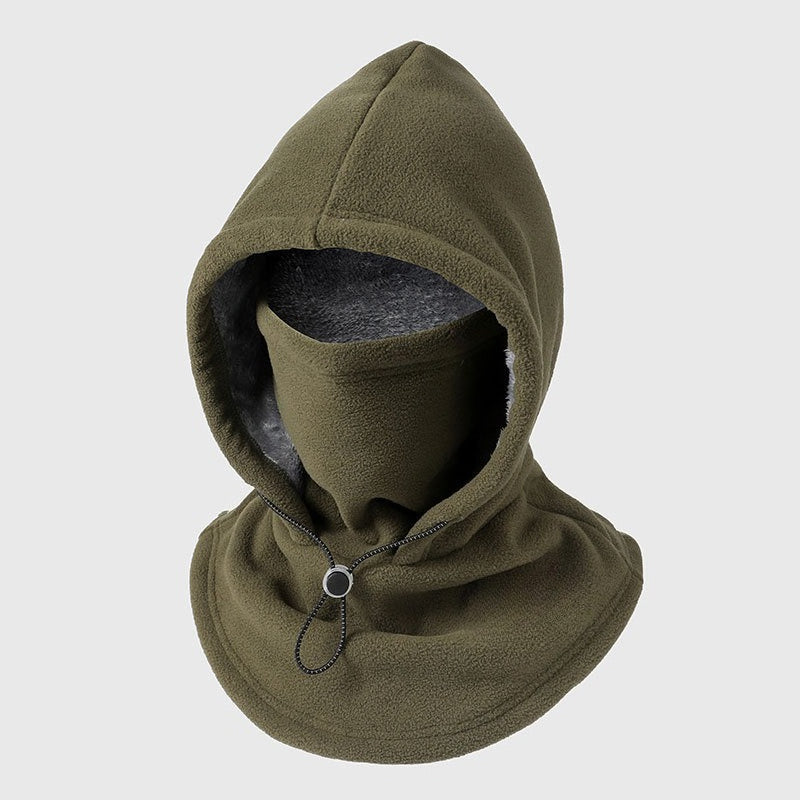 Cagoule en polaire verte vue de face, doublure grise duveteuse visible et cordon de serrage au cou 1
