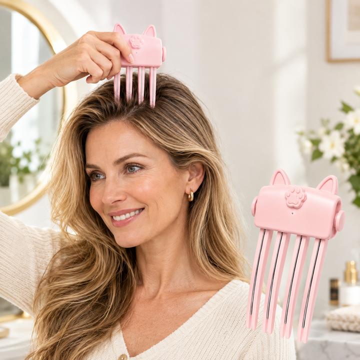Femme aux cheveux blonds posant le styler rose sur ses racines, avec gros plan du produit en bas à droite 1