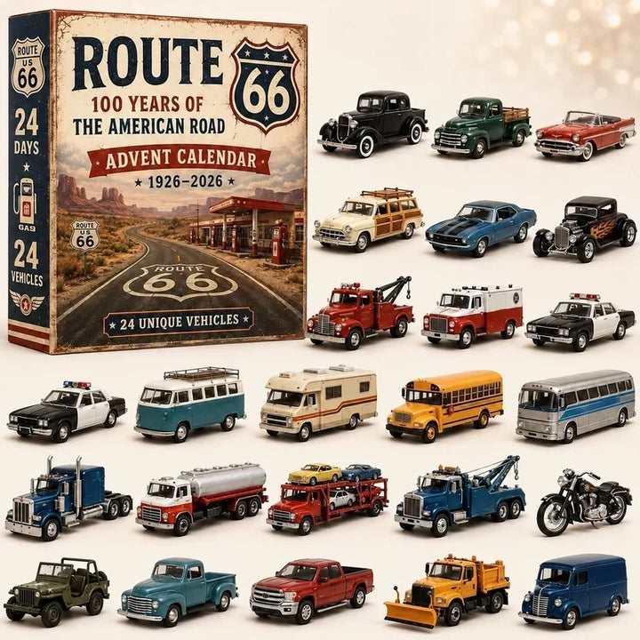 Coffret de la route américaine avec station-service au recto, devant camions, bus, camping-car, moto, jeep et dépanneuse 15