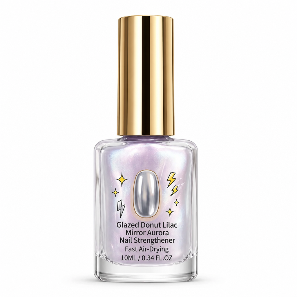 Flacon seul à bouchon doré sur fond blanc, vernis lilas nacré et étiquette illustrée d'éclairs 6