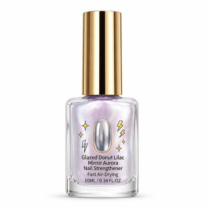 Flacon seul à bouchon doré sur fond blanc, vernis lilas nacré et étiquette illustrée d'éclairs 6